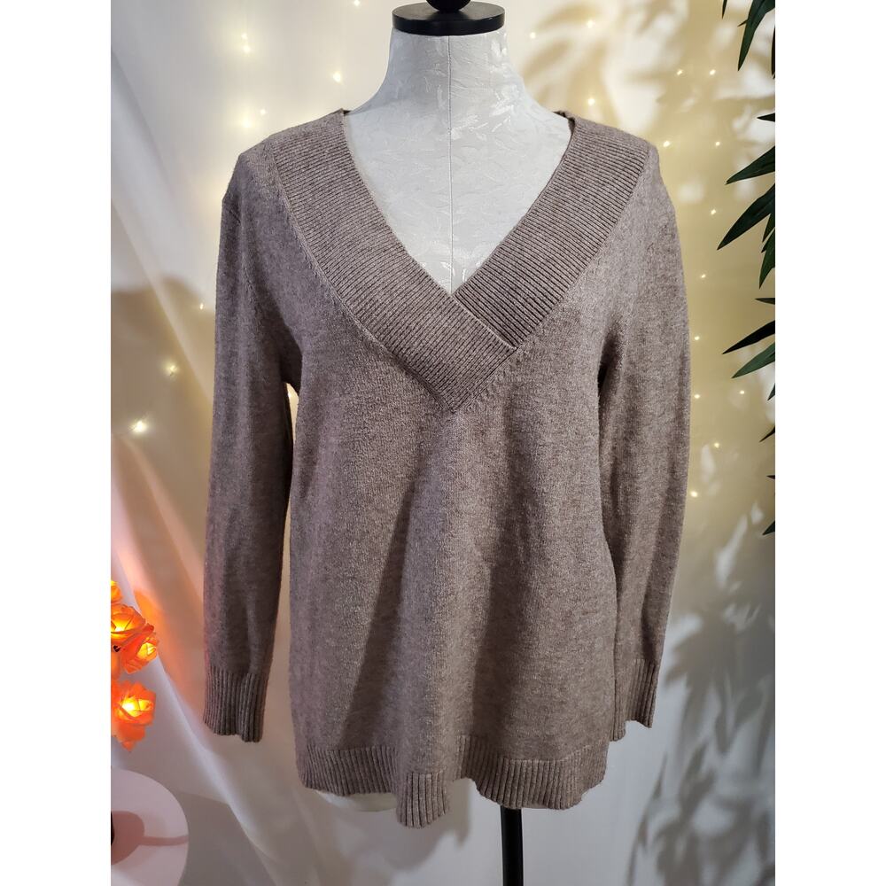 Anthropologie V Neck Tan Ribbed Hi Low Slit Knit Sweater Womens Size S Neutral - Picture 2 of 11